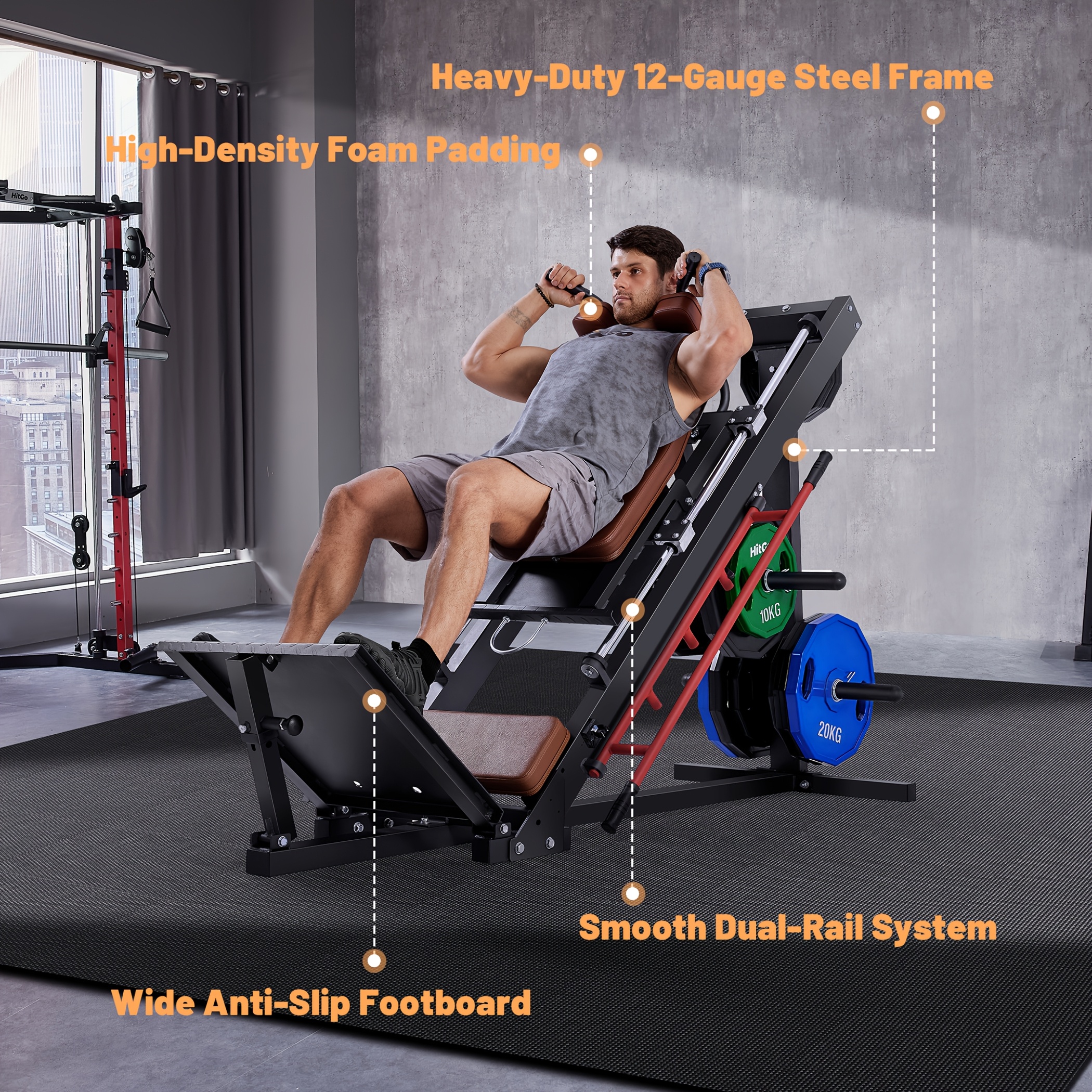 1   squat leg press combo machine convertible lower body trainer with heavy duty   adjustable   padded seat   in and grey Product details 7