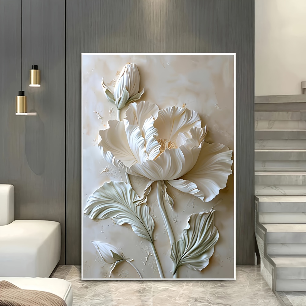 

Frameless 3d Peony Flower Wall Art Canvas, Modern Abstract Floral Print For Living Room, Bedroom - White, No Electricity Needed