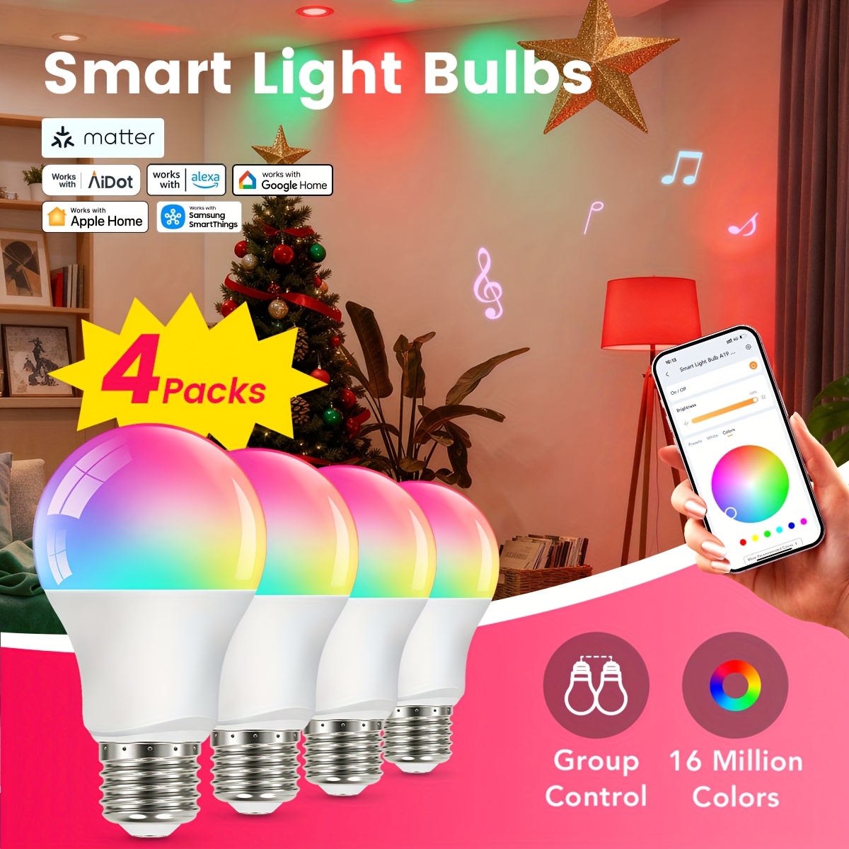 pack smart light bulbs a19 rgb color Temu