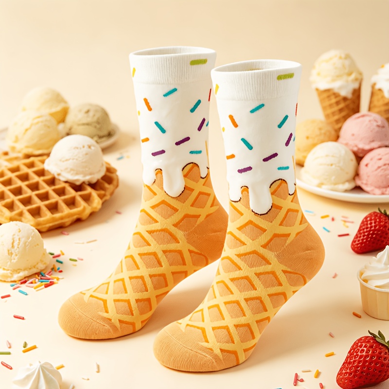 TEMU 1 Paire de Chaussettes Femme en Tissage Effet Crème Glacée Fondue, avec un Motif Imprimé Coloré d'Aiguilles de Bonbons, Pleines Dessert. Douces