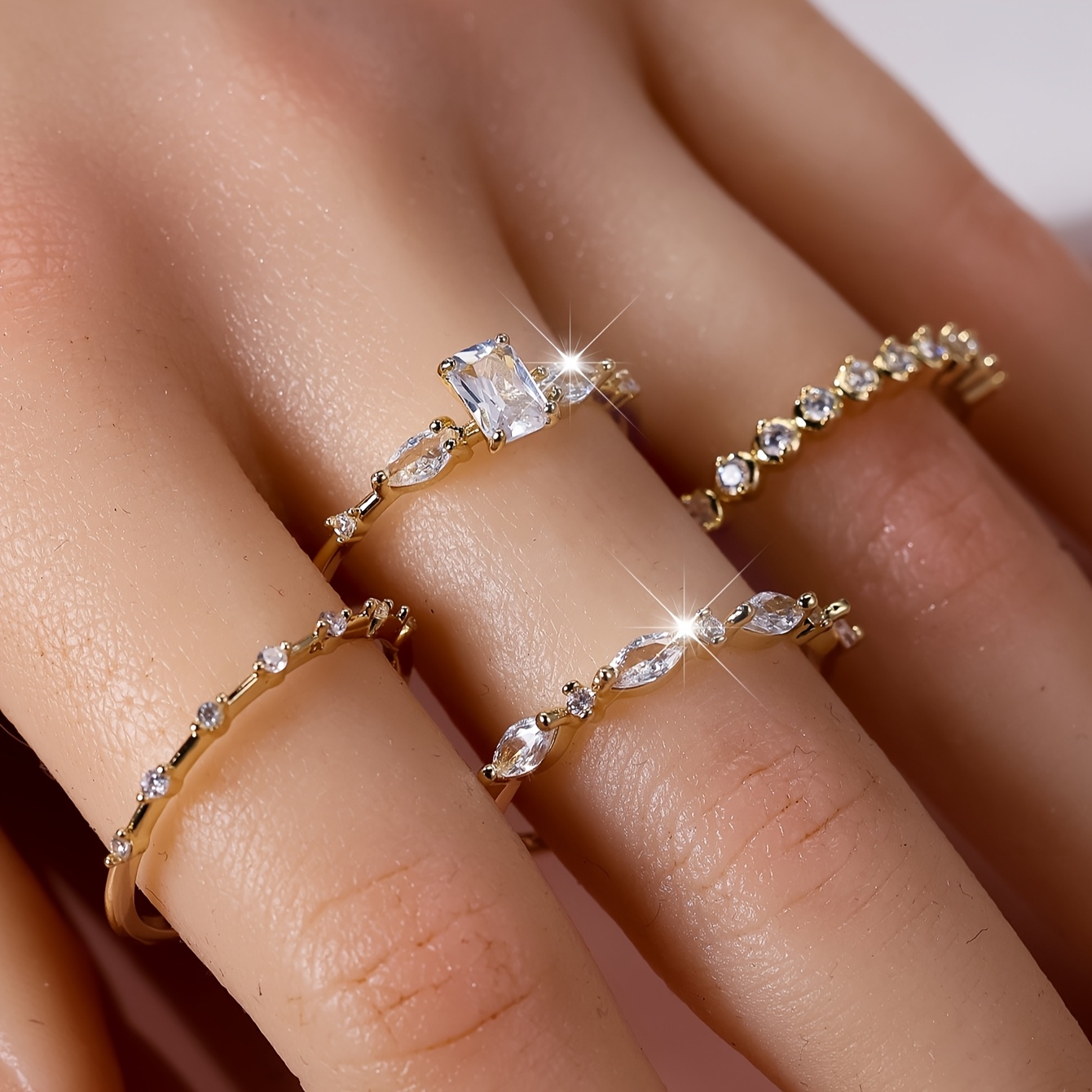 4pcs Women's White Synthetic Cubic Zirconia Engagement Ring Set