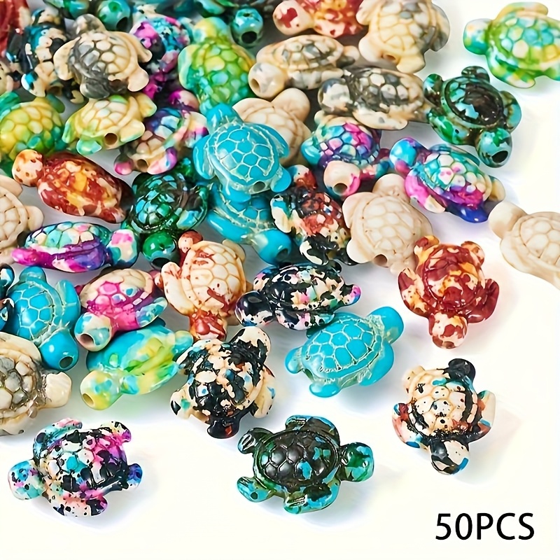 Image of Random 50pcs Mixed Colors 3d Turtle Beads, Vibrant Natural Stone Beads For Jewelry - Ideal For Bracelets, Necklaces, Earrings - Ocean-inspired Craft Series, Turtle Jewelry
