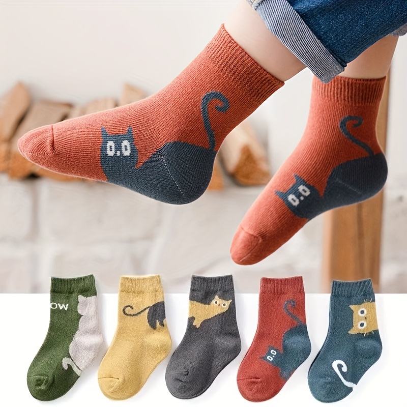 TEMU 5 Pairs Of Socks Cute Cartoon Cat Pattern Breathable Comfortable Boy And Girl Mid-tube Socks