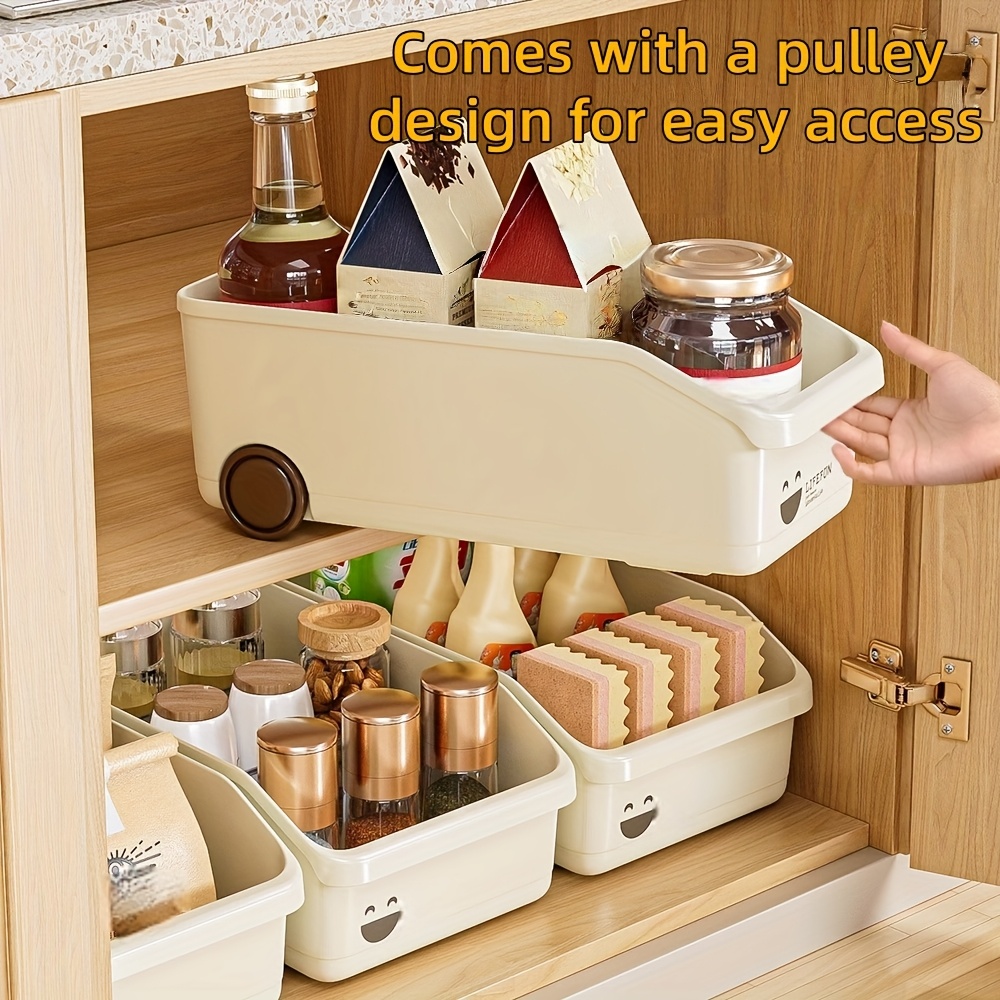 multi functional kitchen storage box sleek push pull design durable plastic organizer for spices pot lids utensils space saving countertop or drawer accessory kitchen storage solution modern kitchen accessory functional design shelf baskets