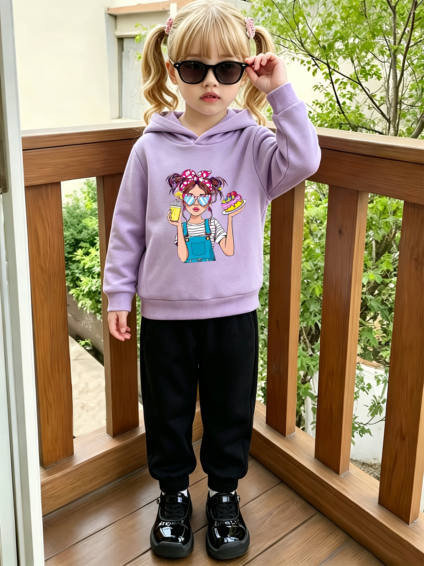 5-Color Random Set of Girls Printed Sweatshirt and Pants Set with Cute Cartoon Girl Print, White/Pink/Purple/Light Brown/Red - Autumn/Winter Casual Wear - Simple, Suitable for Outdoors,   Outdoor
