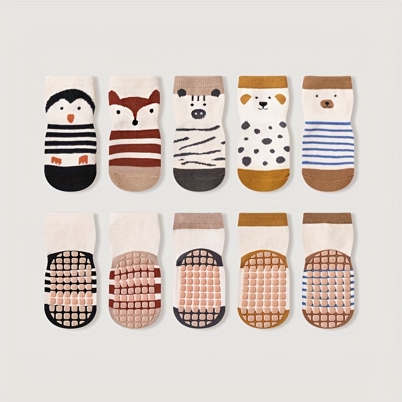 E-shop 5-Pack Kinder Cartoon Tier Fuchs Pinguin Muster Rutschfeste Socken für Jungen Mädchen, Kleinkind Bodensocken