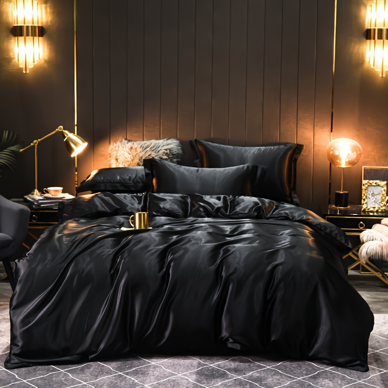 NEW 3pcs hot Satin Silky Bedding Comforter Set, Bed Sets Queen Black Soft Comforter