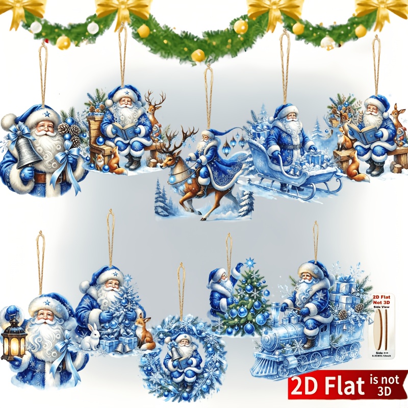 TEMU Set di 10 ornamenti in legno con di blu, stile piatto 2D, adatti per decorare di Natale, ciondolo per auto, regalo per feste di compleanno,