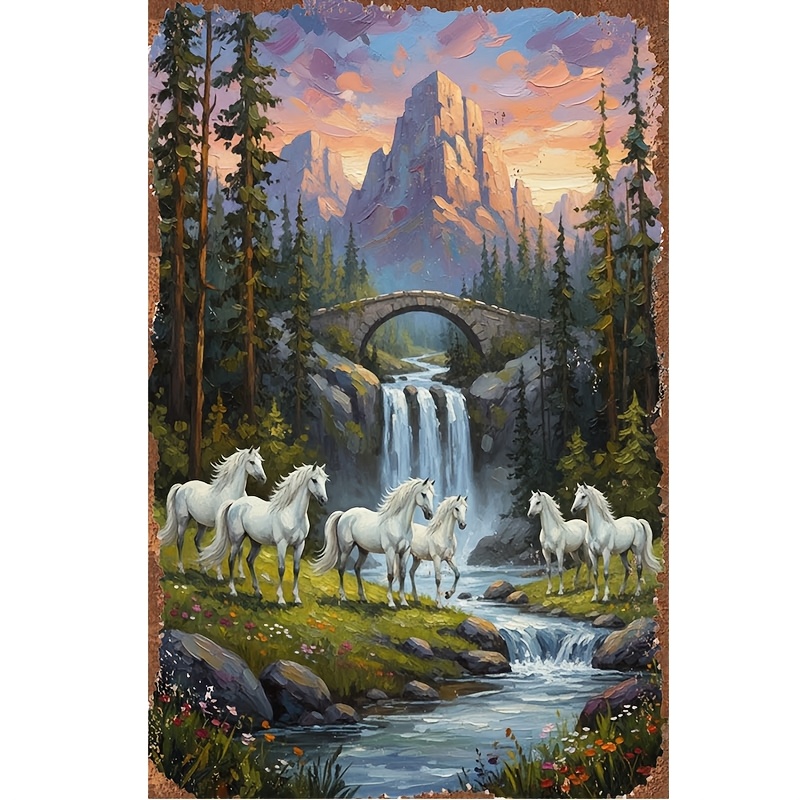 1pc of Vintage Tin Decorative Painting, Seven White Horses by The Stream Waterfall, Metal Sign, Metal Poster, Indoor Hanging Decoration, Suitable for Living Room Decoration, Bedroom Background Wall, Office Embellishment, Entrance Arrangement