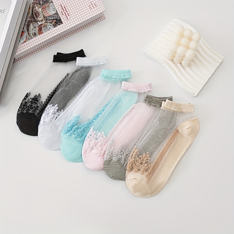 

6 Pairs Colorblock Glass Silk Socks, Casual & Breathable Ankle Socks, Women's Stockings & Hosiery