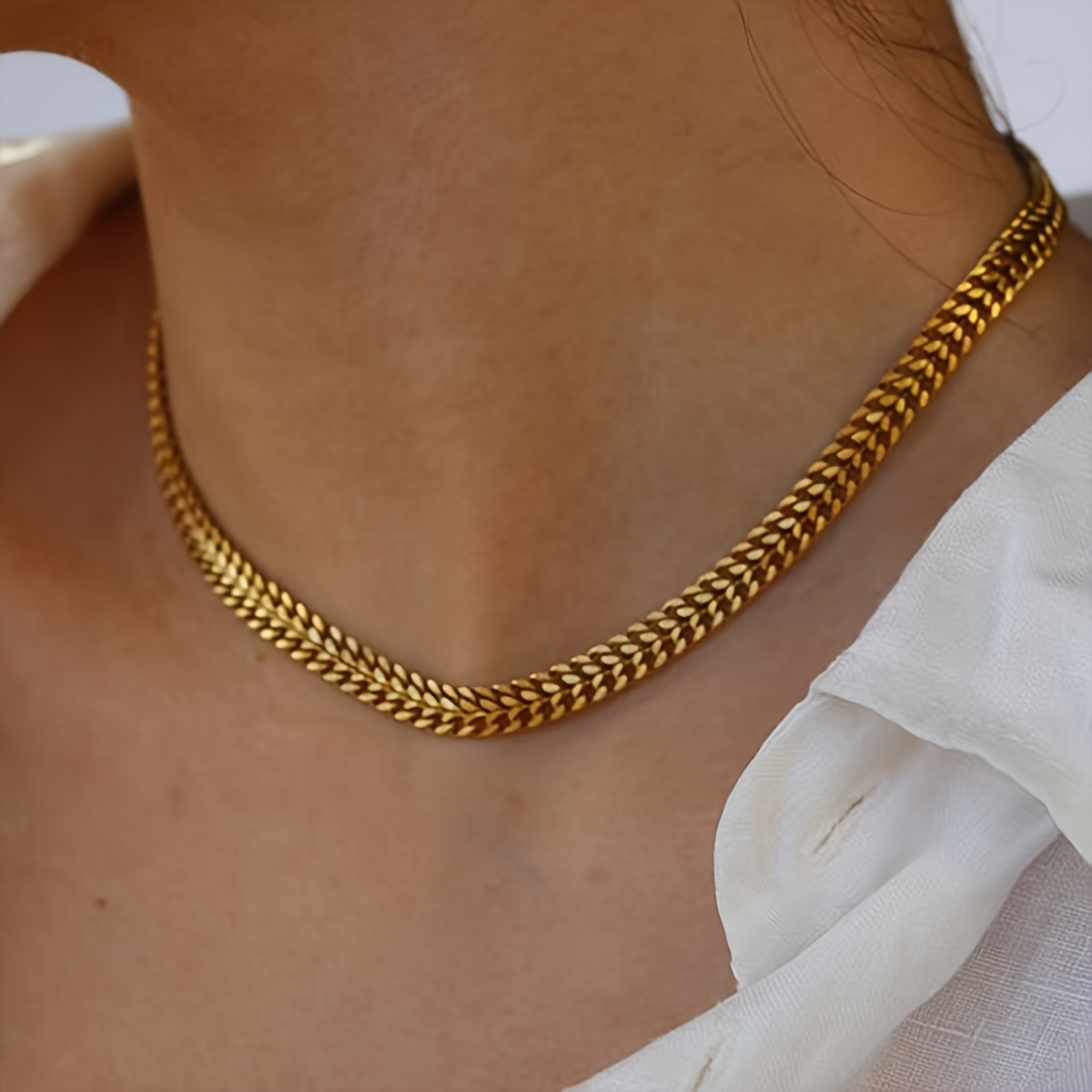 TEMU 1pc Chaîne Cubaine Dorée en Acier Inoxydable Tissage de Blé Chaîne Facile Polyvalente Homme Femme Clavicule Accessoire