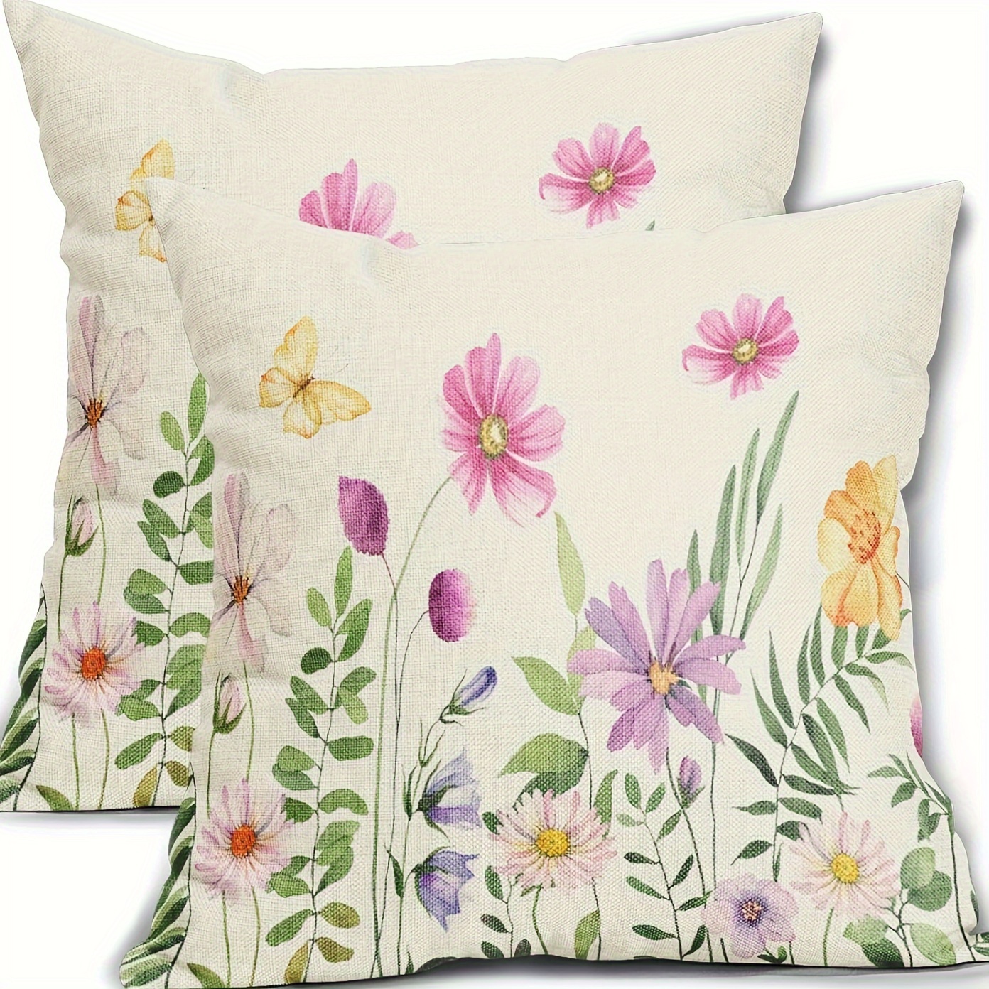 

2pcs Spring Floral & Linen Pillow Covers - Farmhouse Decorative Throw Pillowcases For Couch, Bed, Sofa Chair - Machine Washable With Zip Closure - 16x16/18x18/20x20