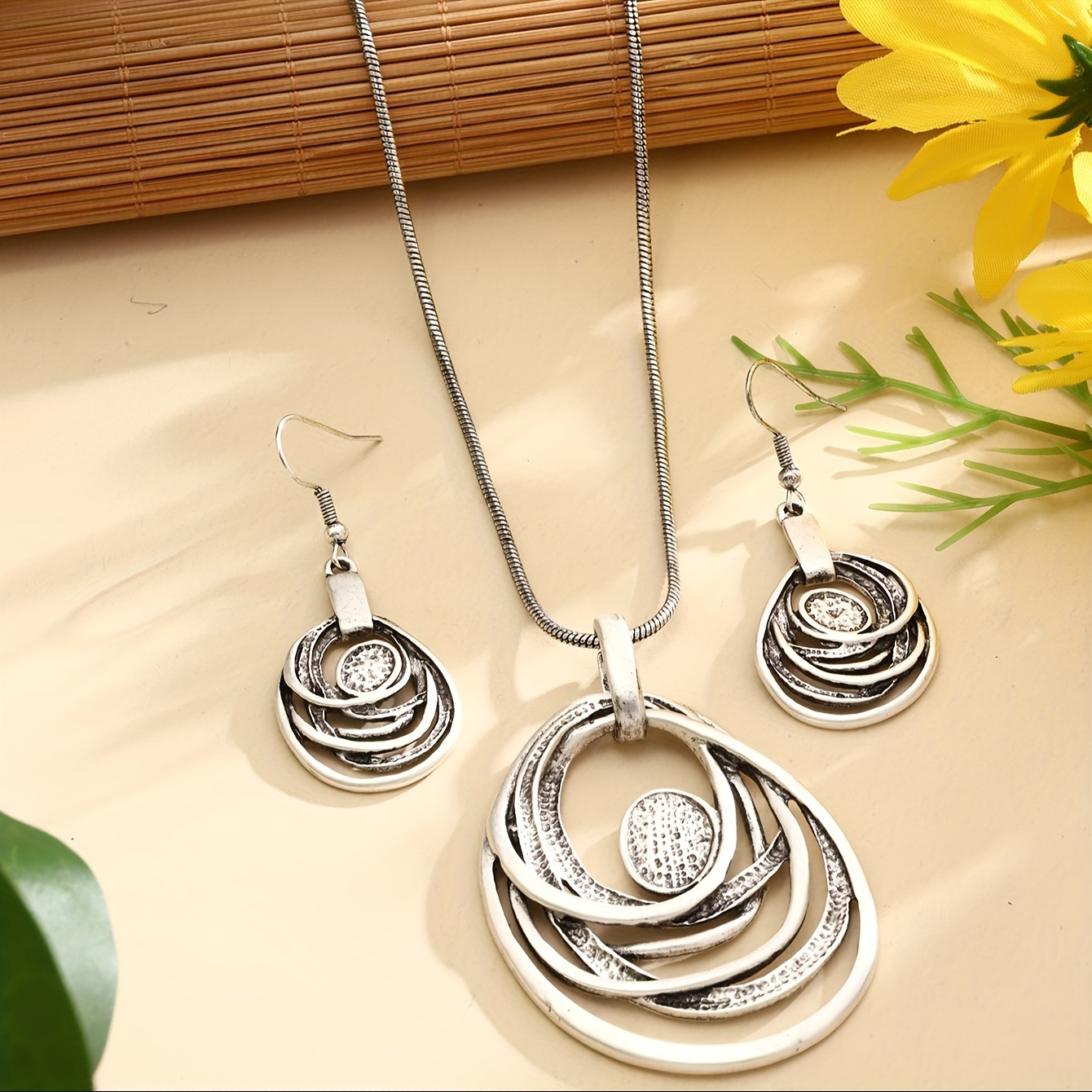 TEMU Earrings A Pair Of Necklaces A 2pcs Mixed Set Alloy Ancient Silvery Second Ah Monkey Circular Mosaic Hollow Retro Bohemian Leisure Jewelry Graduation Gift Thank You Gift