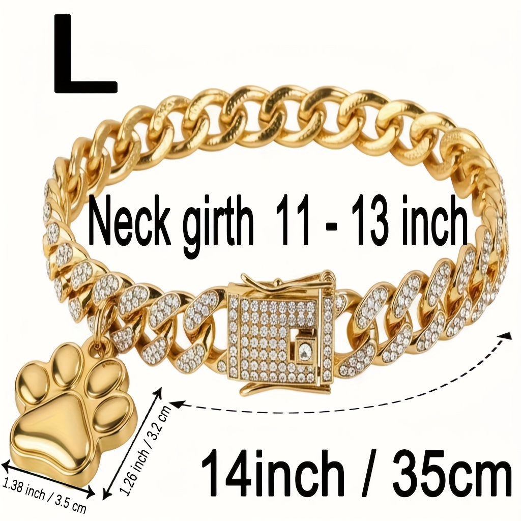 TEMU 1pc Sparkling Pet Necklace With 3d Footprint Labels, Cool Dog Collar, Cuban Chain Inlaid With Artificial Diamonds, Suitable For Small, Medium,