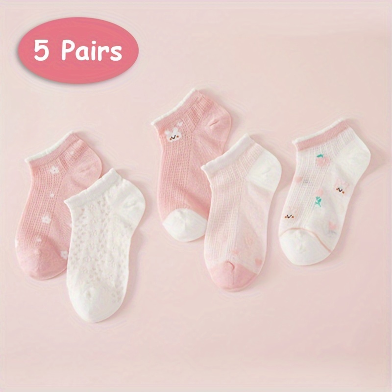 5-pair Lightweight Breathable Children's Socks In Pink With Cute Rabbit, Heart, And Princess Designs, Short-style, Suitable For Spring And Summer