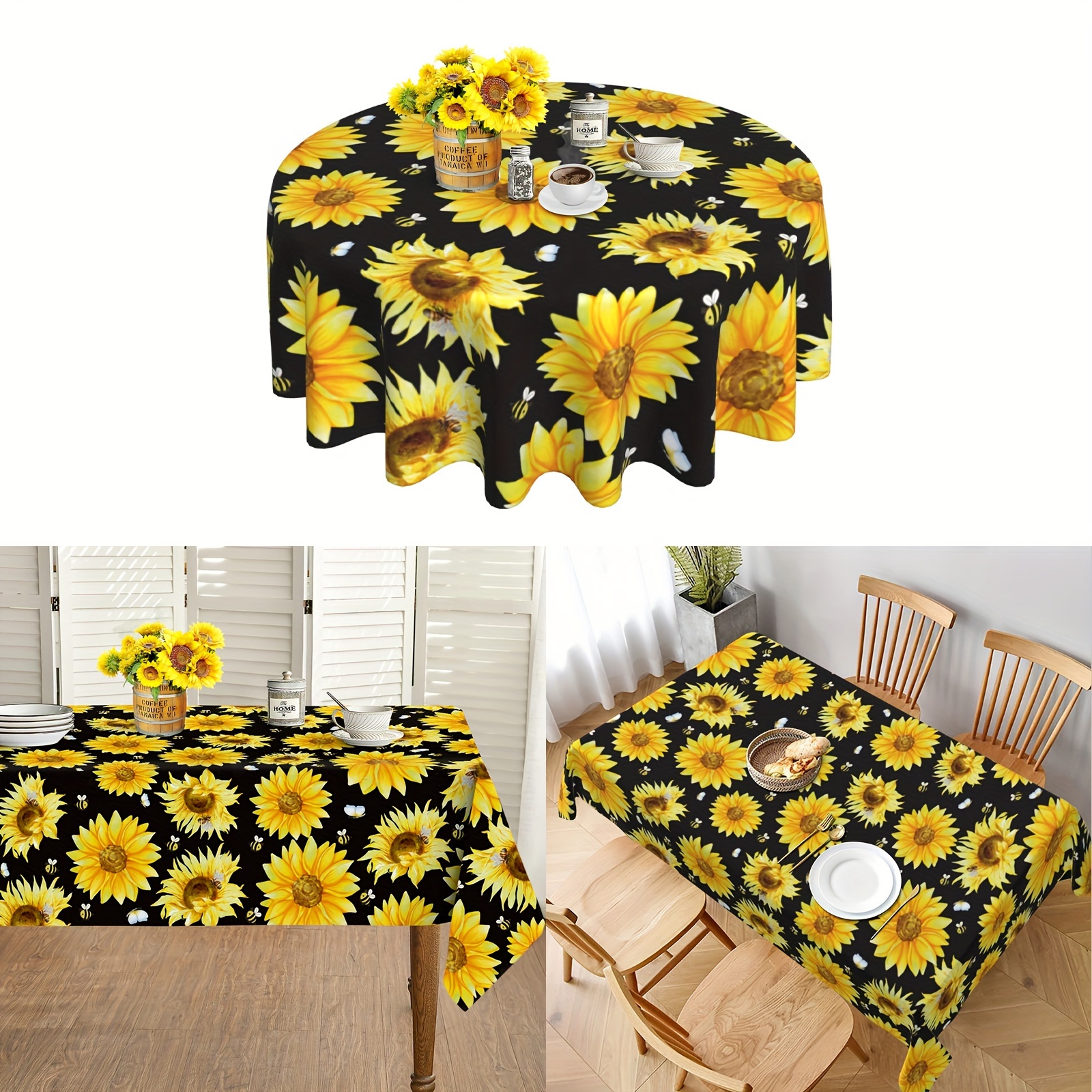 

1pc Polyester Tablecloth - Sunflower And Bumble , Black Party Table Cover, Stain And Wrinkle Free, Ideal For Home Kitchen Dining, Picnic Decoration, Fall Gift