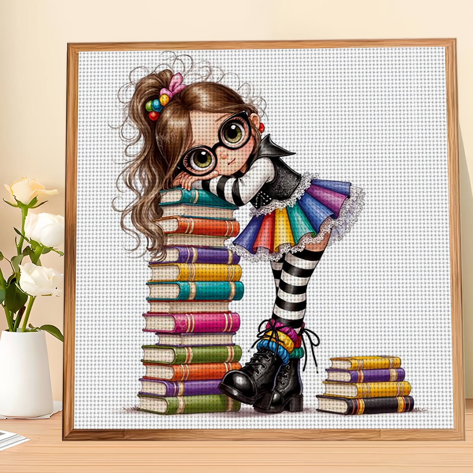 TEMU 1pc Cross Stitch Kit | "colorful Dress Girl On Books" Pattern, Ideal For Beginners, Includes Canvas, Thread, Pattern, And Instructions, Home