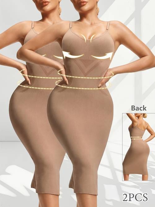item picture 2pcs Women Seamless Shapewear Dress, Tummy Control Lifter Bodycon Long Dress, High Stretch Shaping Bodysuit, Adjustable Shoulder Straps Body-Shaping Full-Body Dress, Suitable for Daily Wear, Weddings, Parties, Slip Midi Dress