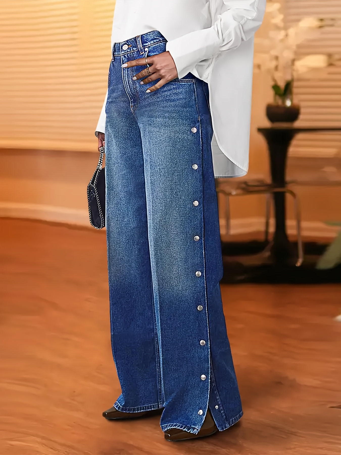 【BAON】Elku Snap Button Washing Wide Denim Pants Vintage Washing Wide Leg Denim Pants CN14 - Korean Women's