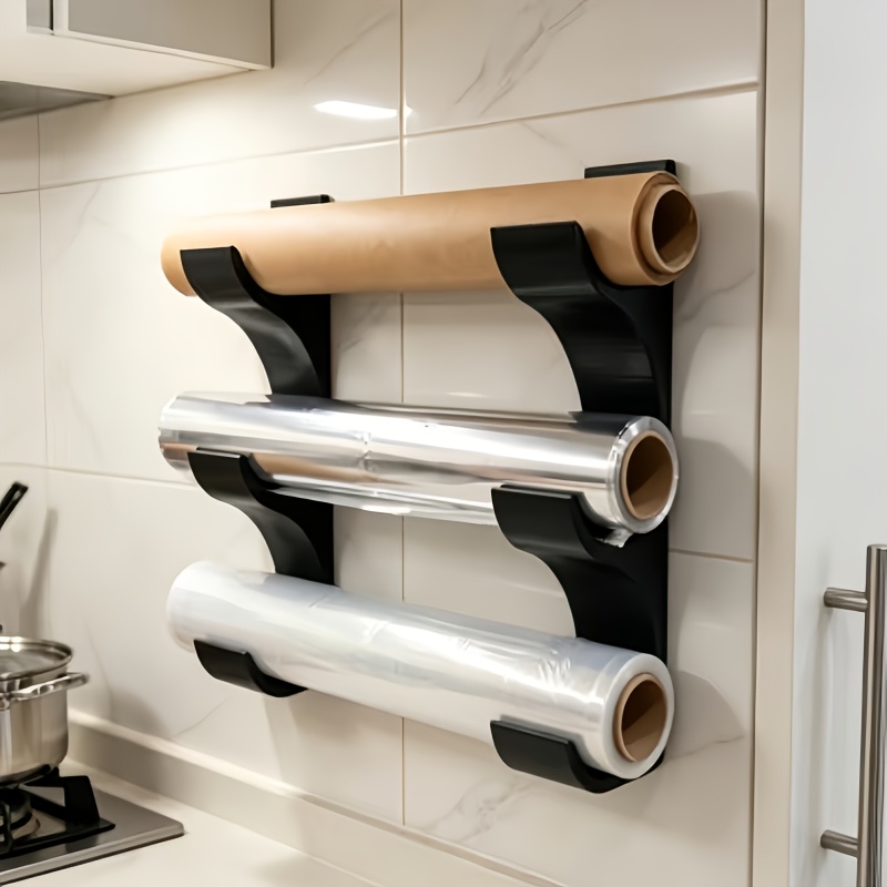 TEMU Lot de 2 supports pour films d'emballage alimentaire, étagères de cuisine perçage, multifonctionnelles, peuvent contenir 3 rouleaux de papier de