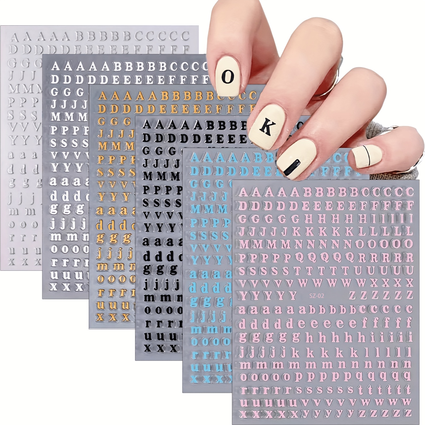 Image of Set Of 6 Sheets Of Letter Stickers For Nail Art Featuring Alphabet. Self-adhesive Decals White And Black, With Large And Small Letters, Perfect For Women And To Create Their Own For Nail Designs