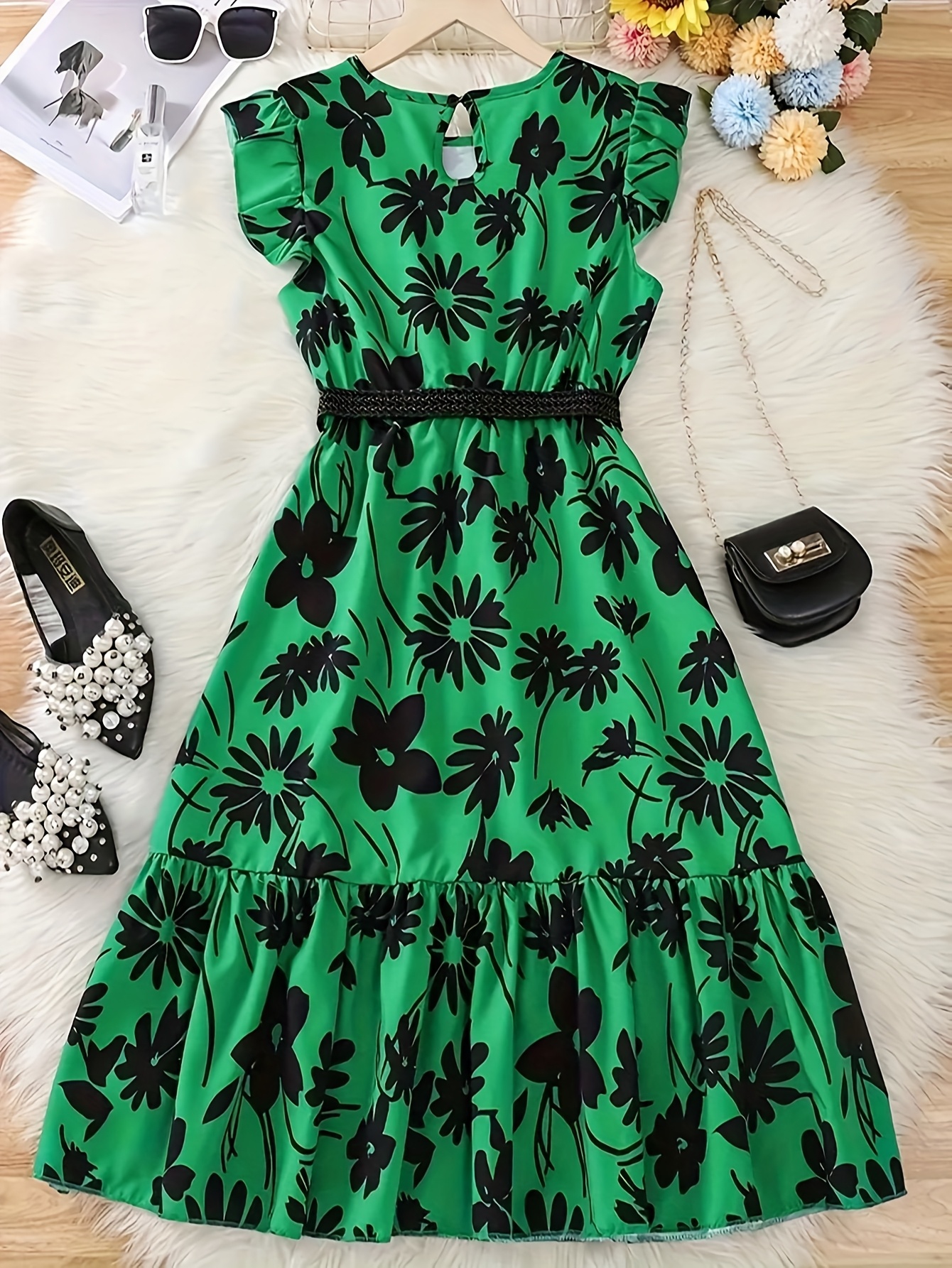 woven texture chic teenage girl green floral midi dress belt - Temu Ghana