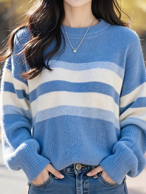 Trui dames kleurblok gebreide trui casual herfst winter ronde hals warm Trui dames kleurblok gebreide trui casual herfst winter ronde hals warm