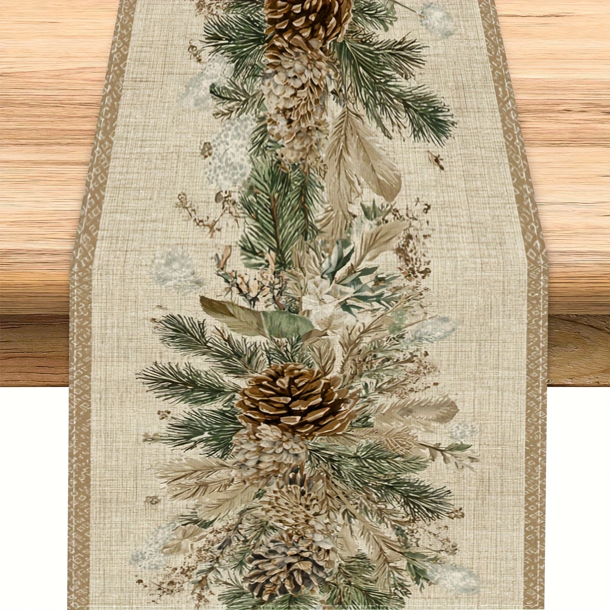 TEMU 1pc Table Runner, 1pc Winter Pine Branch Table Runner With Pine Cones And Green Leaves - Rustic Nordic Style Christmas Decor, Beige And Green