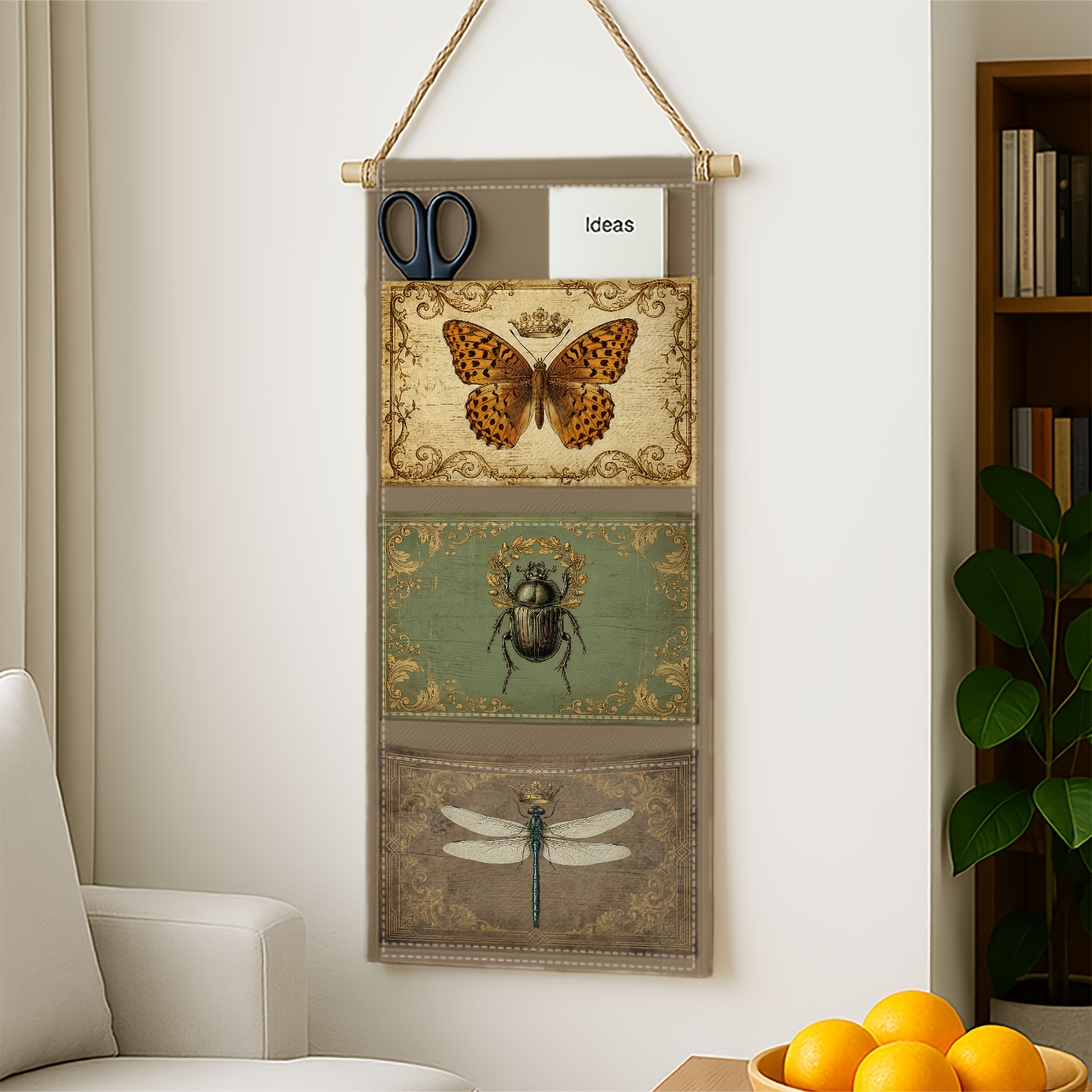 TEMU 1pc Wall-mounted Fabric Storage Shelf With Vintage Scientific Insect- Dragonfly,3-pocket Hanging Organizer Suitable For Living Room, Bedroom,