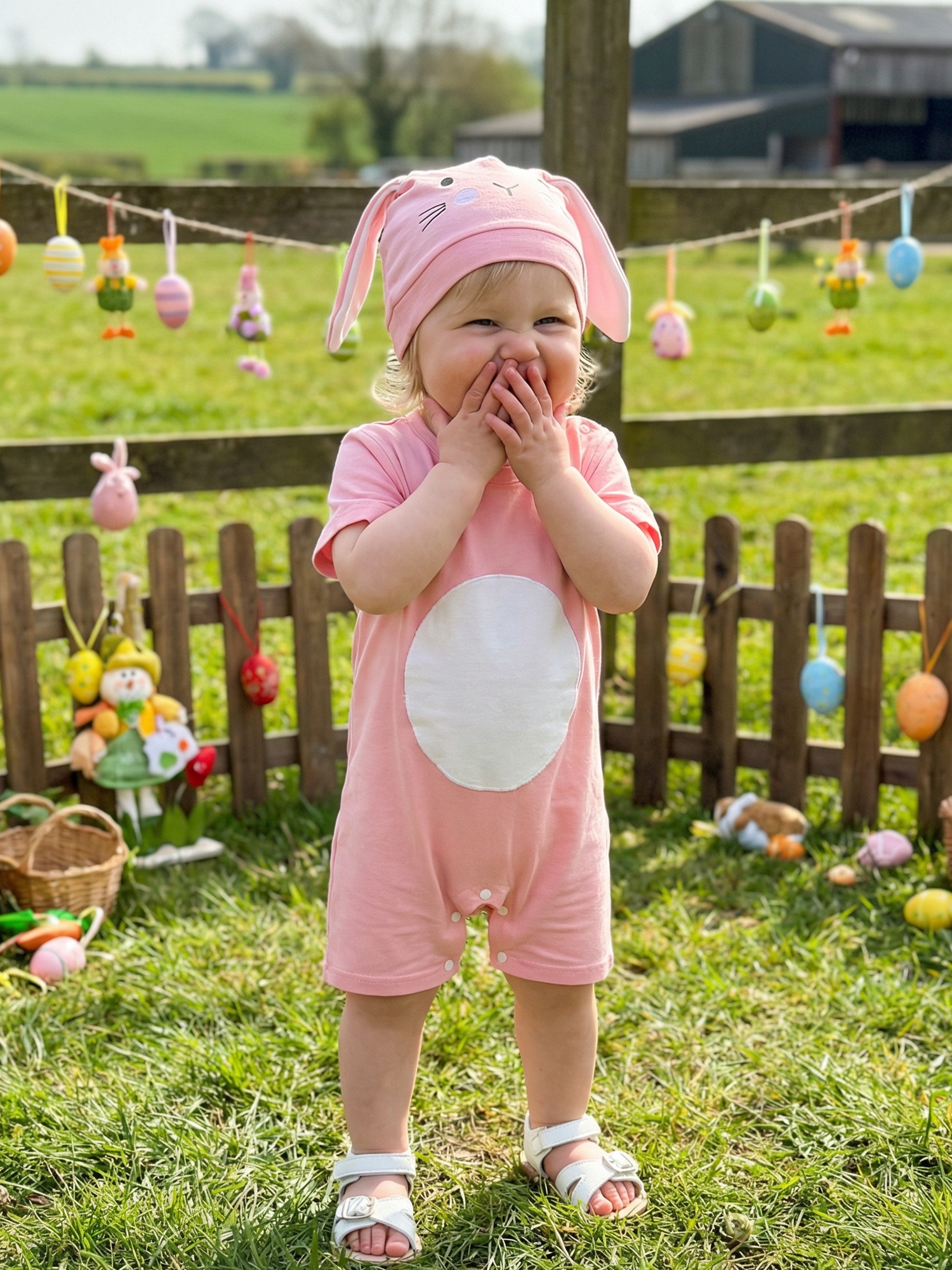 2pcs baby easter outfits plush ball   neck short sleeve romper and bunny ear hat cute spring summer set for baby girl for outdoor
