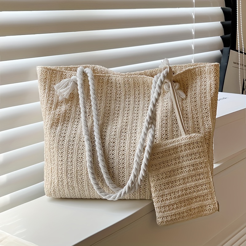 

Women' Woven Tote Bag, Large Capacity Shoulder Handbag With Matching Clutch