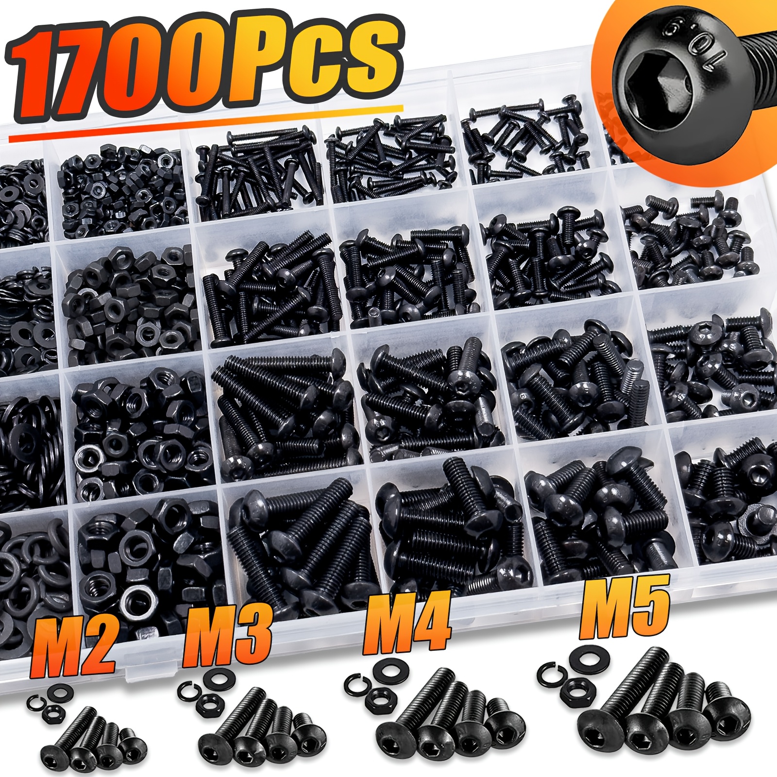 E-shop 1700-teiliges Sortiment-Set mit Sechskant-Schrauben, M2 M3 M4 M5 Metrische Schrauben Muttern mit Sicherungs- Flachscheiben, Güteklasse 10.9