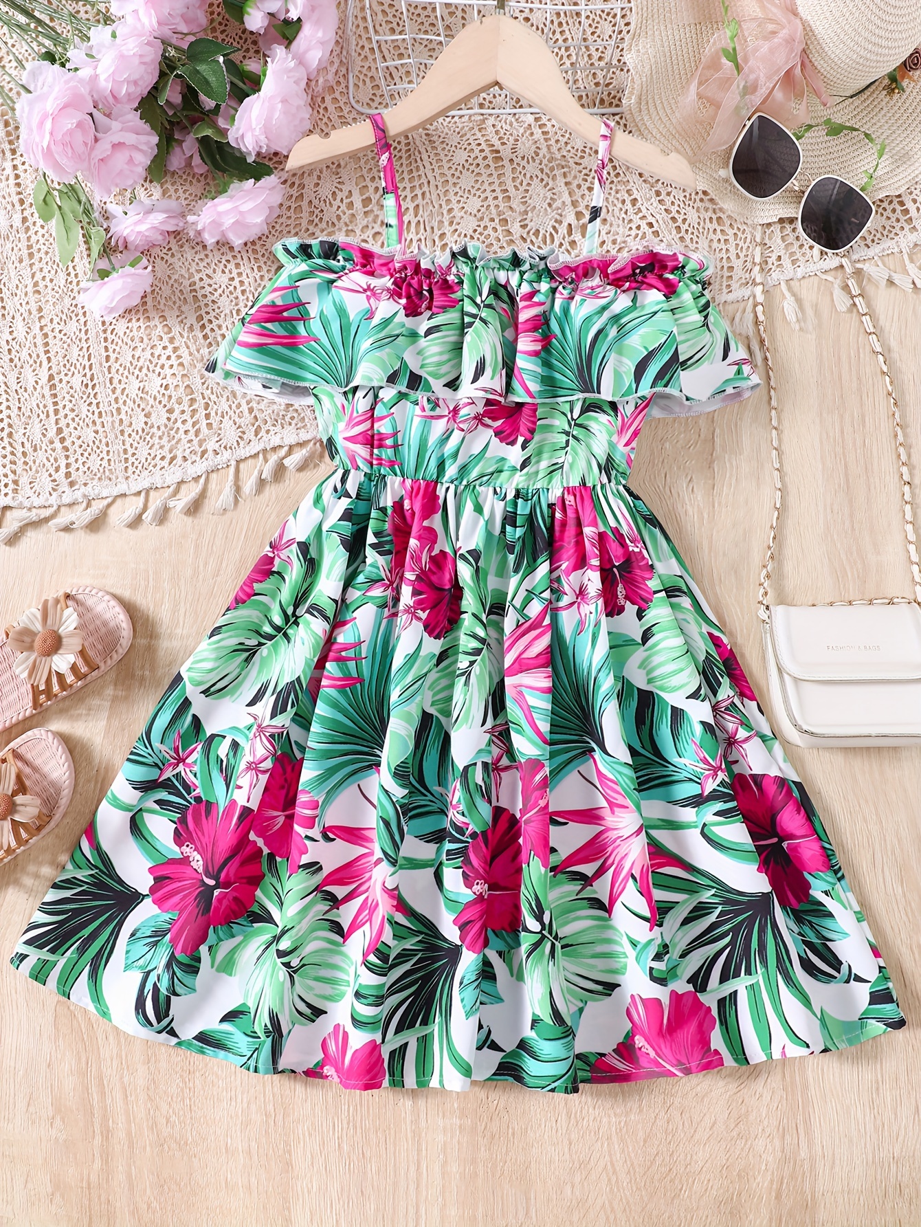 green emerald velvet dress Pink & Green Tropical Print Halter Midi Dress- All Dresses main image 0