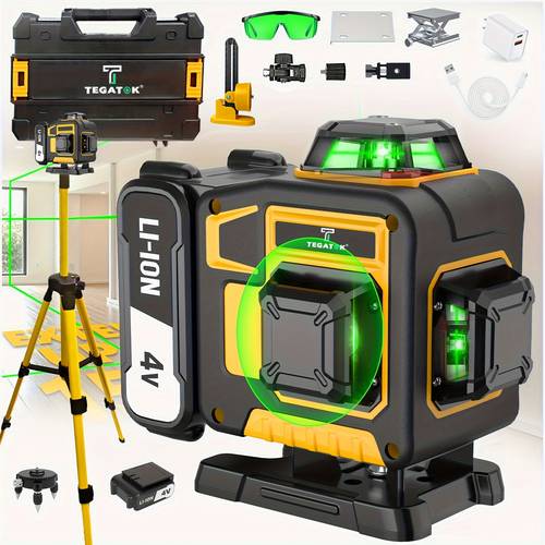 4 degree green cross line laser level self leveling tool with 2 rechargeable high capacity batteries stable triangular bracket 16 lines ideal for construction and precision work no remote control included