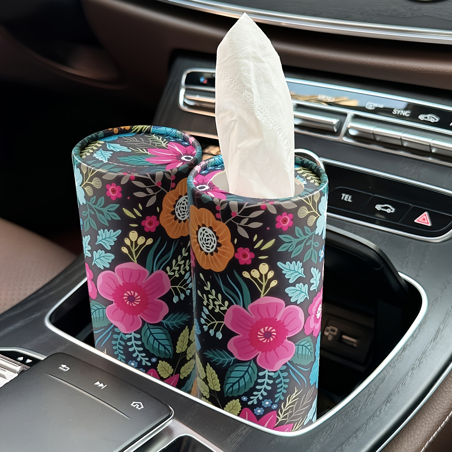 

1pc Flower Car Box, With Facial - Ladies Travel Tube, For Car Cup Holder, Round Box, For Home Dining Table