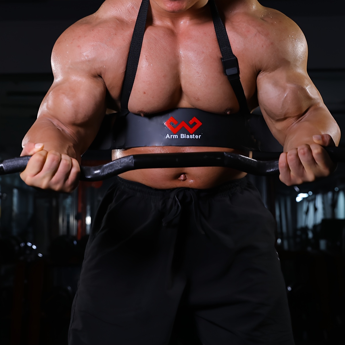 [MANUEKLEAR Arm Blaster] MANUEKLEAR Adjustable Thick Iron Arm Blaster Bicep Curl Bar | Black with Red Logo, Barbell Curl Assist for Strength Training, Sleek Design, Durable Construction