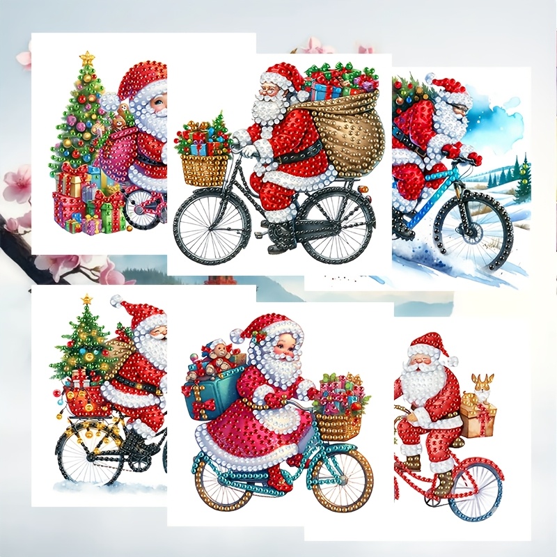 TEMU 6pcs Diamond Painting Greeting Card Set, Santa Claus Riding A Bicycle Themed Greeting Cards, Painted Diamond Embellishment Design - Round Drill