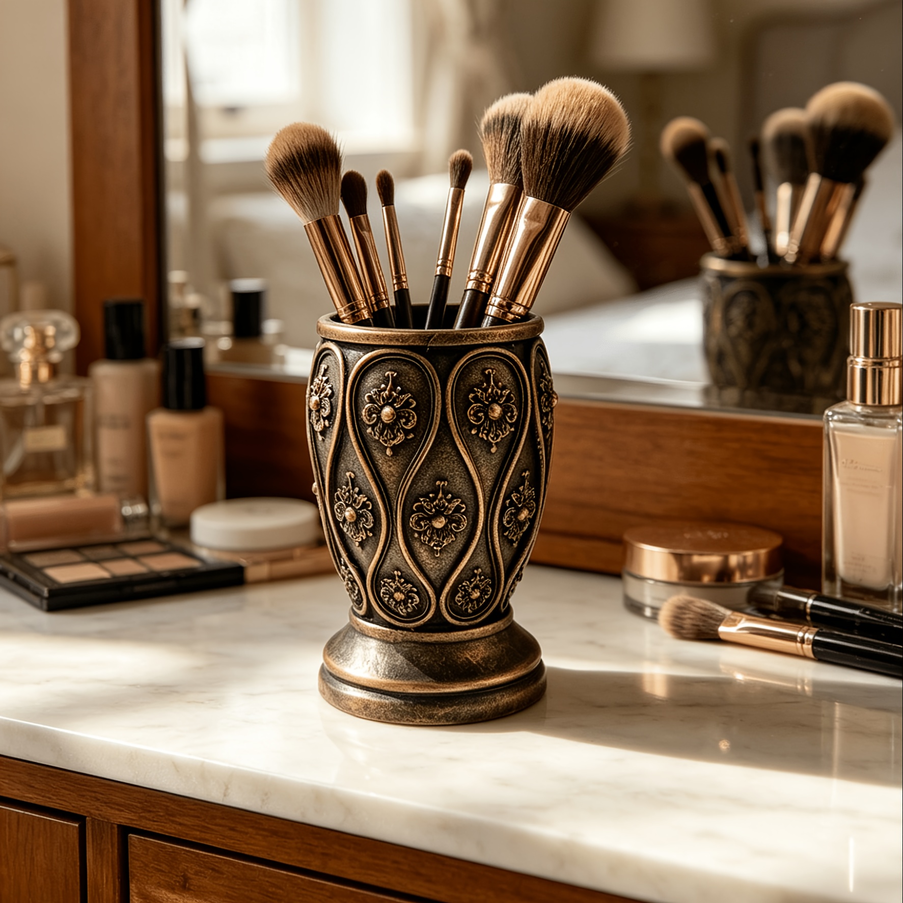 Image of 1pc European Vintage Embossed Pattern Vase And Pen Holder Dual-use Ornament, Light Luxury Distressed Texture, Living Room And Study Desktop Flower Arrangement Decorative Storage Craft