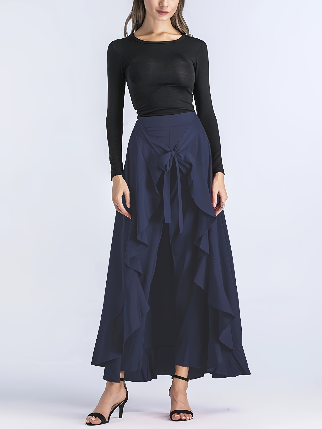 women's high waist ruffle maxi pants elegant long overlay - Temu