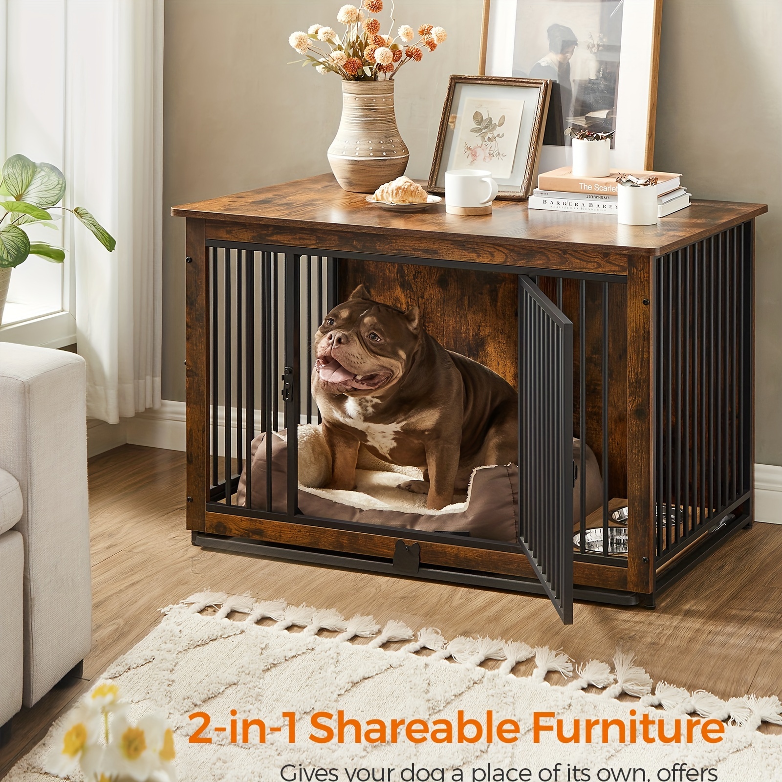 

Dog Crate Furniture, 38 Inches Dog Kennel For Dogs Up To 70 Lb, With Removable Tray, Heavy-duty Dog Cage End Table, Double Doors Dog House, Rustic Brown