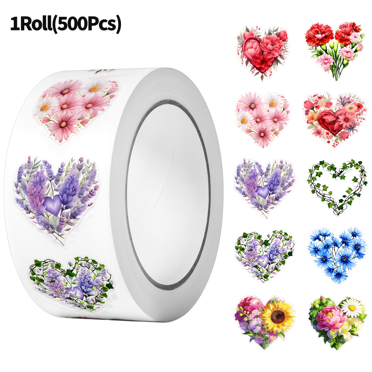 E-shop 1 Rolle (500 Stück) unregelmäßige Herz-Blumen-Blumenaufkleber 2,5 cm/1,0'' 10 Designs Abziehbilder Kunstverzierung geeignet für verschiedene