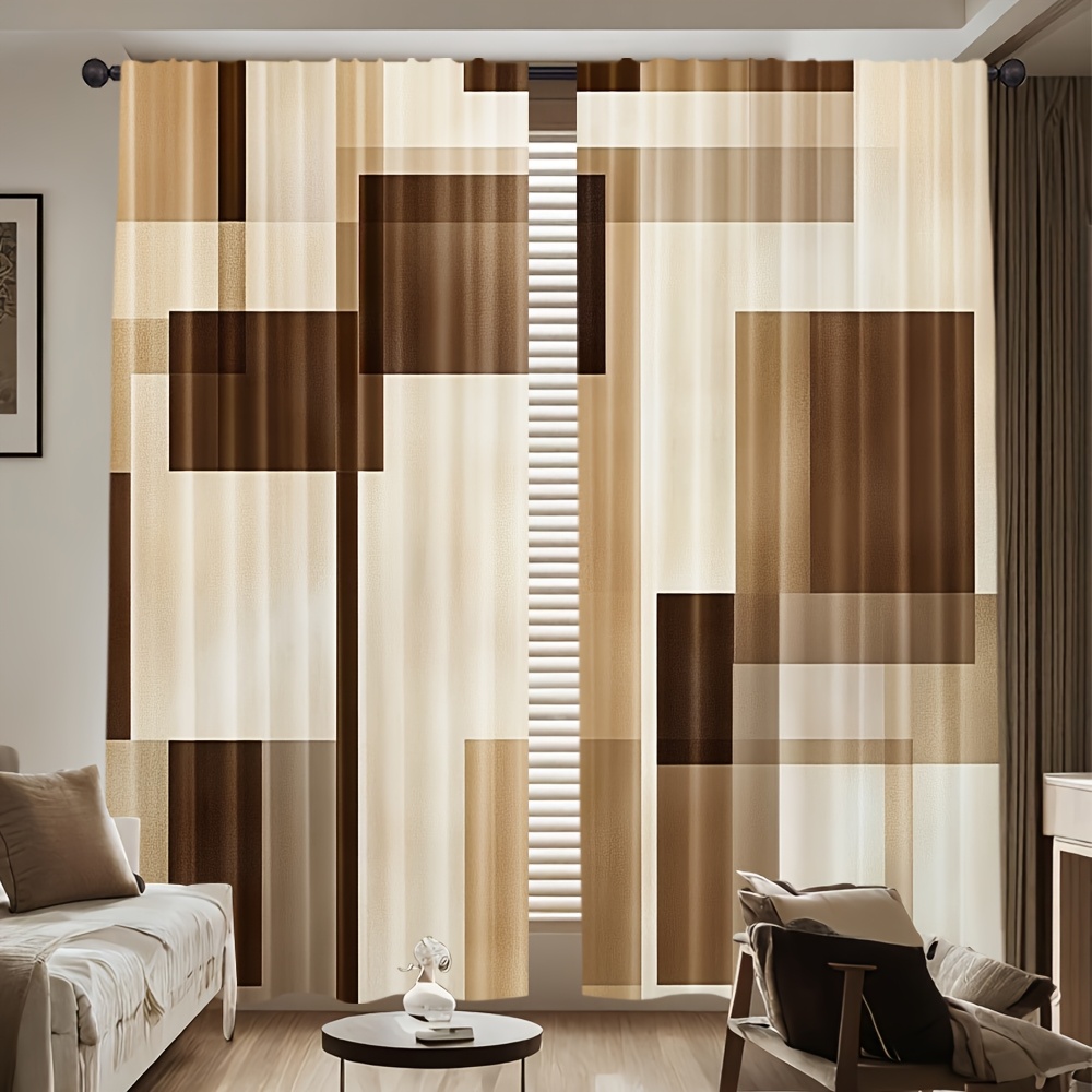 

2pcs Chic Geometric Pattern Curtains - 100% Polyester, Light-filtering Drapes For Bedroom, Living Room, Office, Teen Room - Rod , /brown/white (rod Not Included)