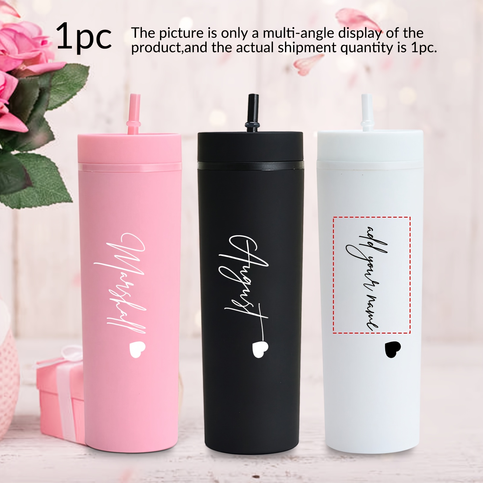 

1pc 16oz Acrylic With Custom Name, 3d Heart Print, Lid & Straw, Hand Wash Only, Pvc-free, Ideal For Home, Outdoor, Sports, Valentine's Day, Thanksgiving, Christmas, Halloween, Graduation Gift