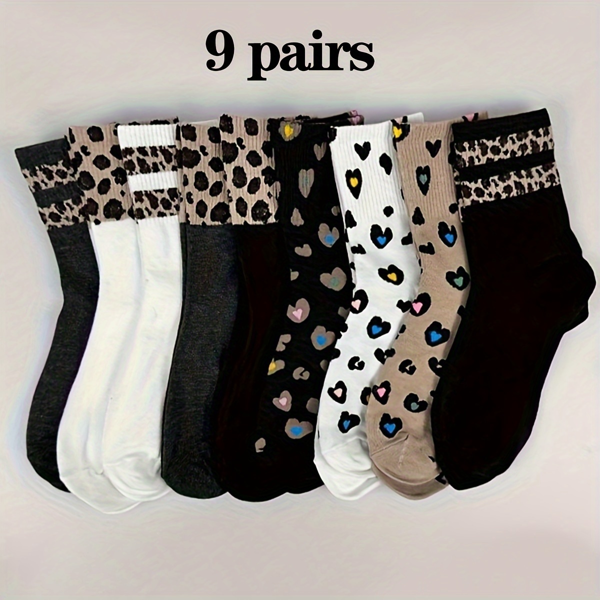 

9 paires de chaussettes mi-hautes à imprimé léopard avec nœud papillon, en polyester et spandex, en côtelée, lavables en machine, courtes pour femmes.