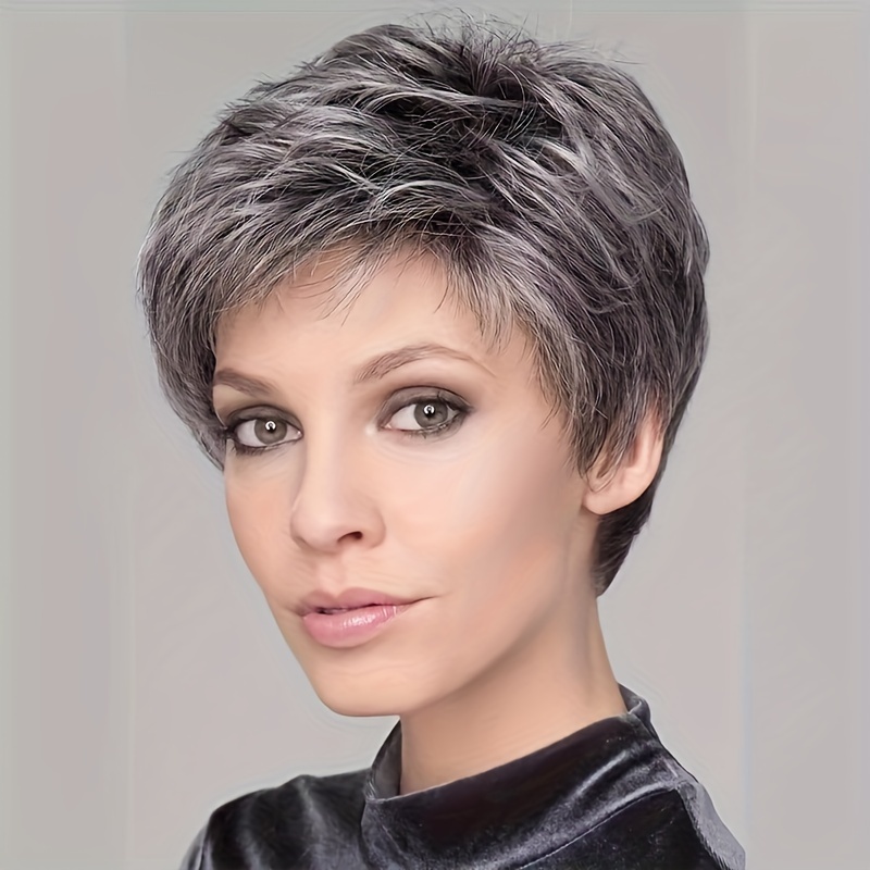 

Pixie Cut Curly Wave Synthetic Wig For Women - High Temperature Fiber, Basic Style, Rose Net Cap, Suitable For All - Mixed Black Grey Highlight Sassy Short Haircut Wig For Daily Party Use