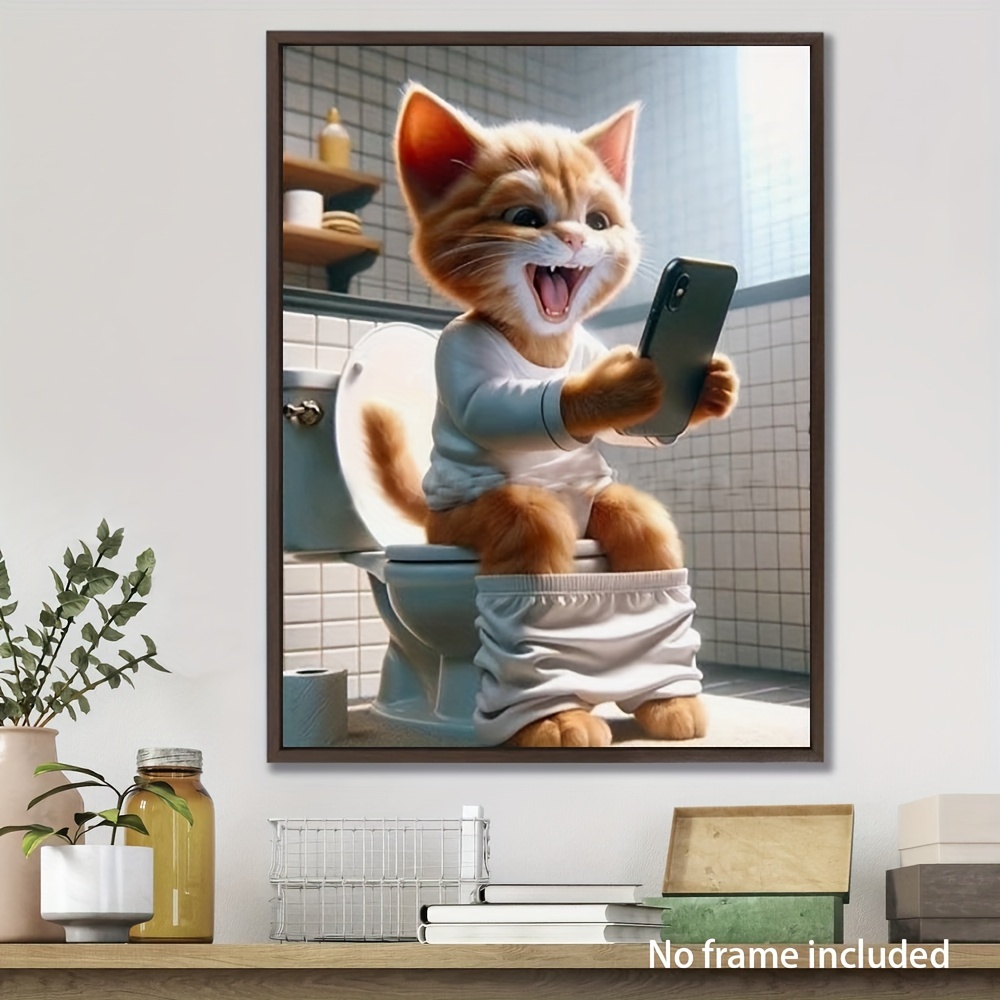 

Charming Cat On Toilet Canvas Art Print - 12x16" Unframed Wall Decor For Living Room, Bedroom, Office & More Cat Decor Cat Bathroom Decor