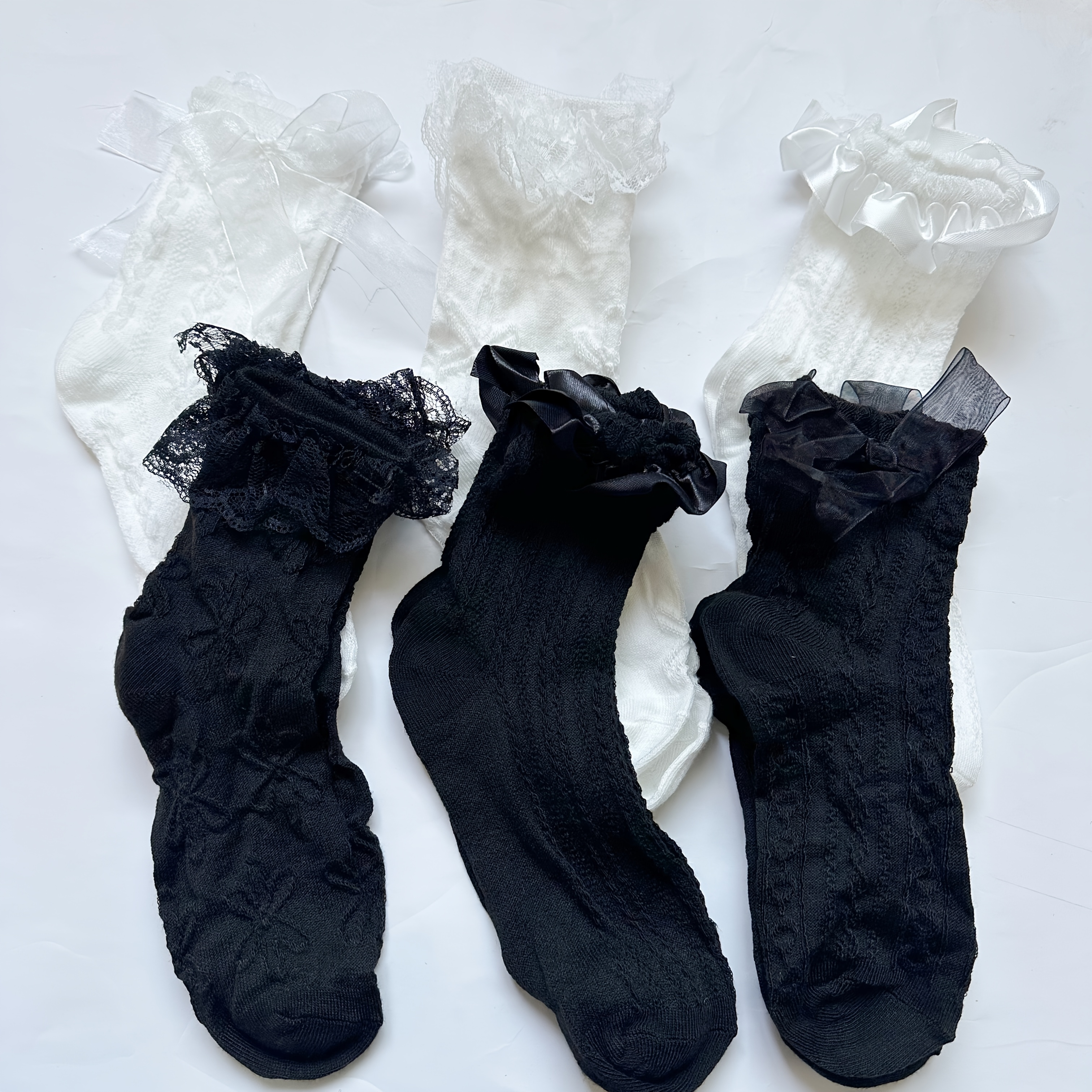 TEMU 3/6 Pairs White Bow Lace Socks, Women's Mid-calf Socks, Thin Summer Sweet Lace Trim Jk Socks, For Birthday Holiday Party Outfits And Daily Wear