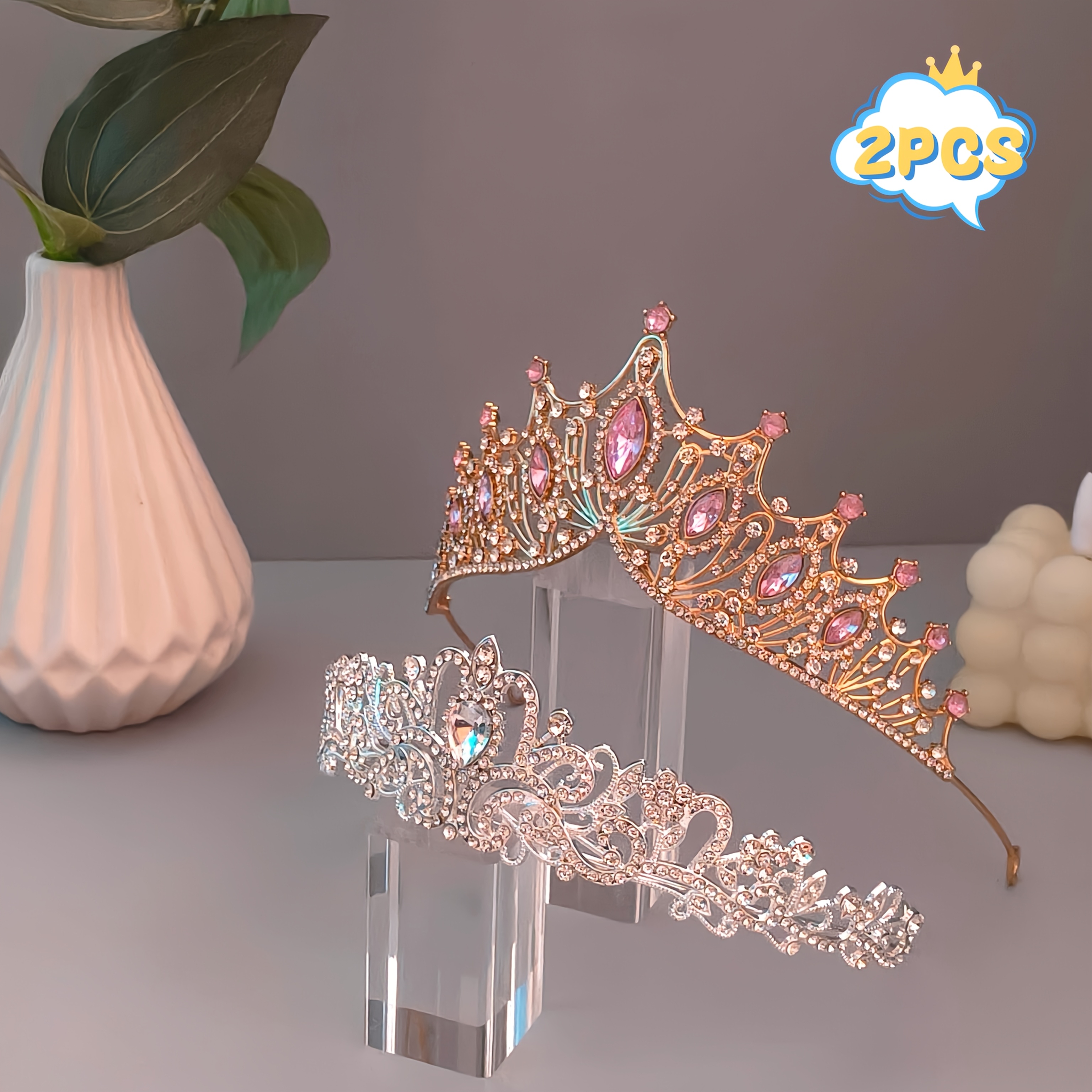 TEMU 2pcs Baroque Rhinestone Crown Suitable For & Costumes, Wedding Pageant Tiara, Prom Queen Sash Accessory - Dry Only, Statement Piece For Themed