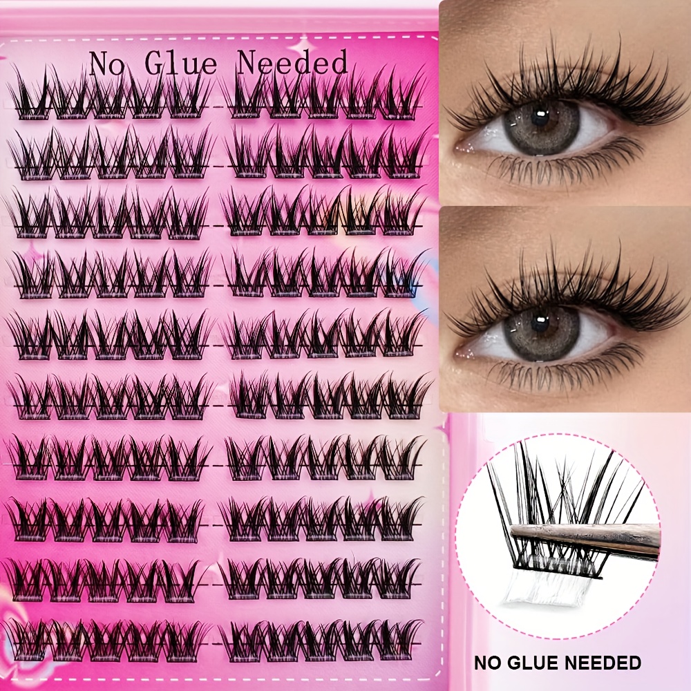 Self-adhesive False Eyelashes - 100-cluster Reusable Lashes, C , Natural, Cross, Doll Styles, 12mm Length, Beginner Friendly, With Pre-attached Glue Strip For Easy Application