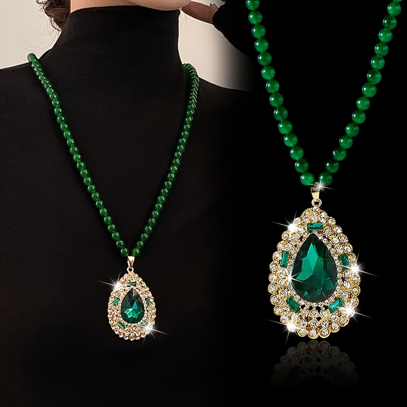 Green Beaded Long Necklace, High-end Sweater Chain Pendant Accessory